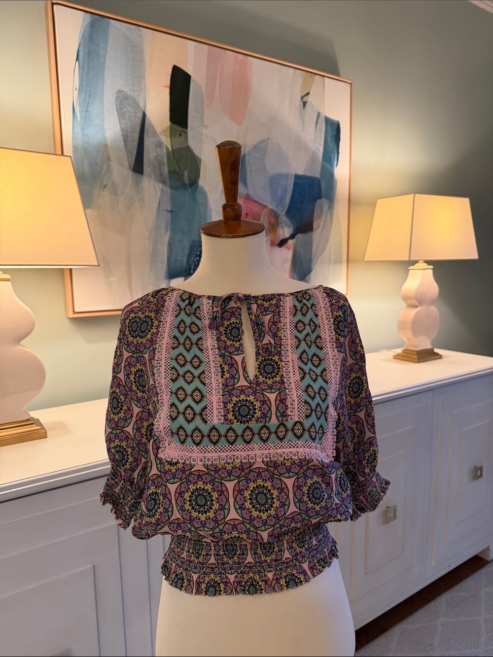 Nicole Miller Boho Floral Print Smocked Waist Top - Pink/Teal/Purple